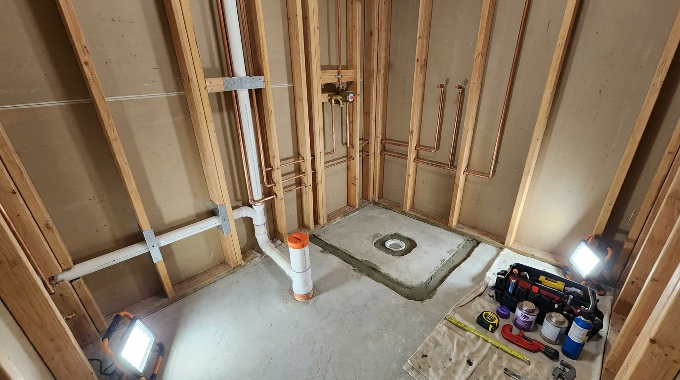 Bathroom rough-in plumbing during remodel by Johns Plumbing LLC in Wynne