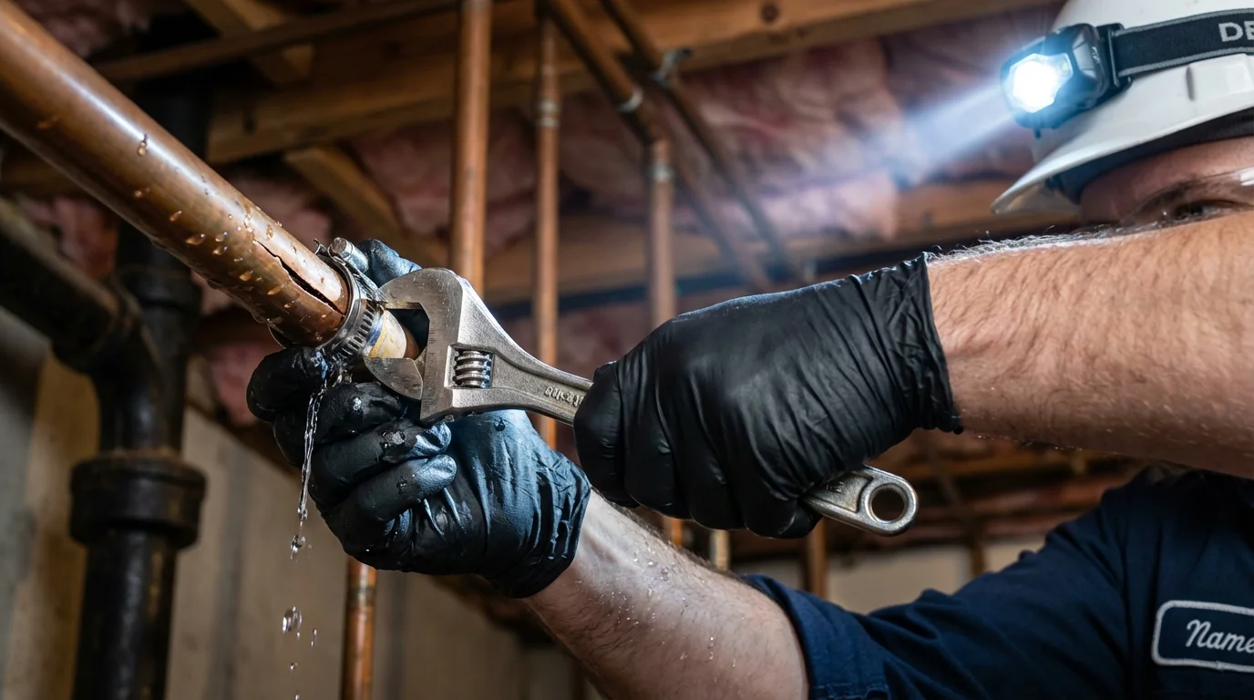 Emergency pipe clamp repair being performed by a Johns Plumbing LLC plumber in Wynne