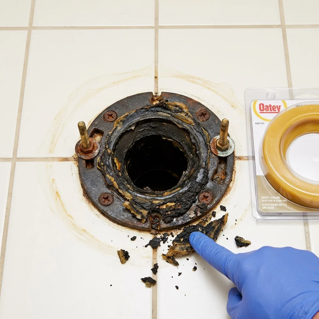 Failed wax ring showing water seepage at the base of a toilet in a Wynne, AR home