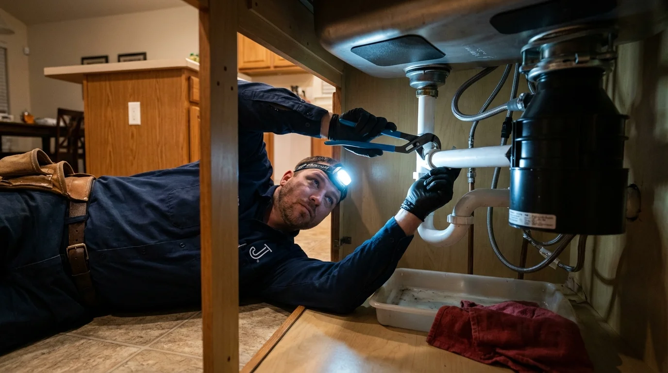 P-trap and supply line connections under a kitchen sink showing a common leak point in Wynne, AR